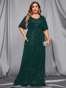 Plus Sequin Butterfly Sleeve Belted Dress - Dark Green - View 4