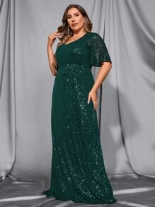 Plus Sequin Butterfly Sleeve Belted Dress - Dark Green - View 5