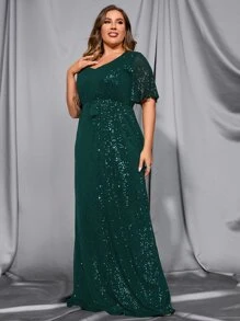 Plus Sequin Butterfly Sleeve Belted Dress - Dark Green - View 6