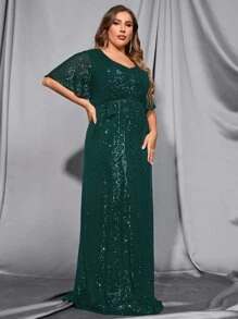Plus Sequin Butterfly Sleeve Belted Dress - Dark Green - View 7