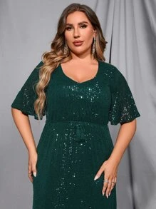 Plus Sequin Butterfly Sleeve Belted Dress - Dark Green - View 8