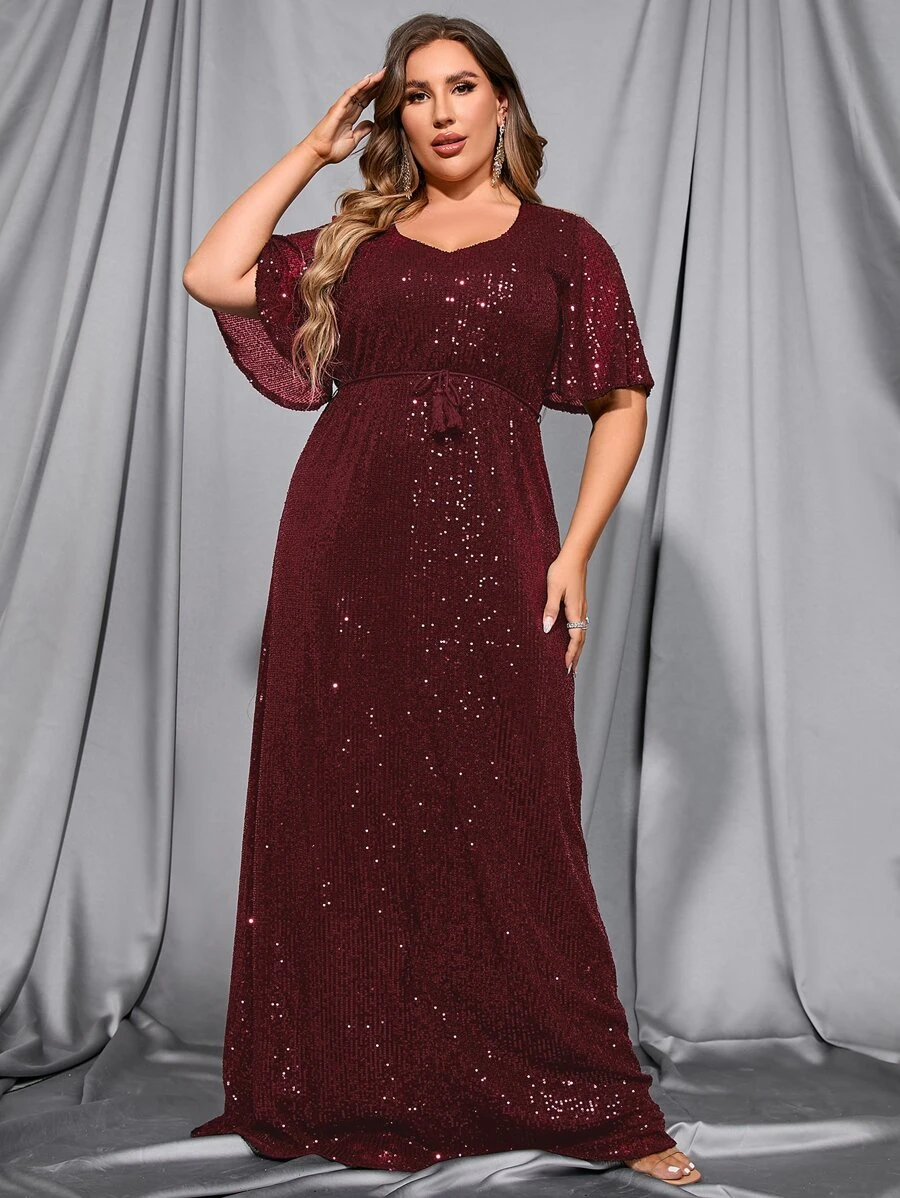 Plus Sequin Butterfly Sleeve Belted Dress - Maroon - View 1