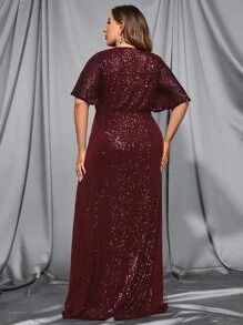Plus Sequin Butterfly Sleeve Belted Dress - Maroon - View 2