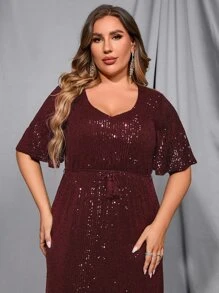 Plus Sequin Butterfly Sleeve Belted Dress - Maroon - View 3