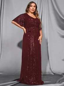 Plus Sequin Butterfly Sleeve Belted Dress - Maroon - View 4