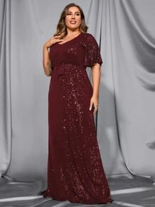 Plus Sequin Butterfly Sleeve Belted Dress - Maroon - View 6