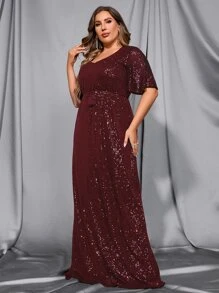 Plus Sequin Butterfly Sleeve Belted Dress - Maroon - View 7