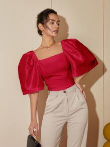 Modern Filipiniana Women's Casual Solid Color Puff Sleeve Square Neck Blouse, Summer Outfits For Women Crop Tops Business Casual - Rose Red - View 1