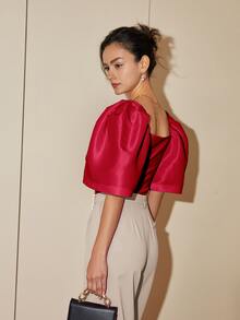 Modern Filipiniana Women's Casual Solid Color Puff Sleeve Square Neck Blouse, Summer Outfits For Women Crop Tops Business Casual - Rose Red - View 2