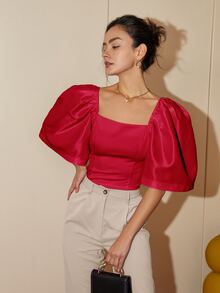 Modern Filipiniana Women's Casual Solid Color Puff Sleeve Square Neck Blouse, Summer Outfits For Women Crop Tops Business Casual - Rose Red - View 3