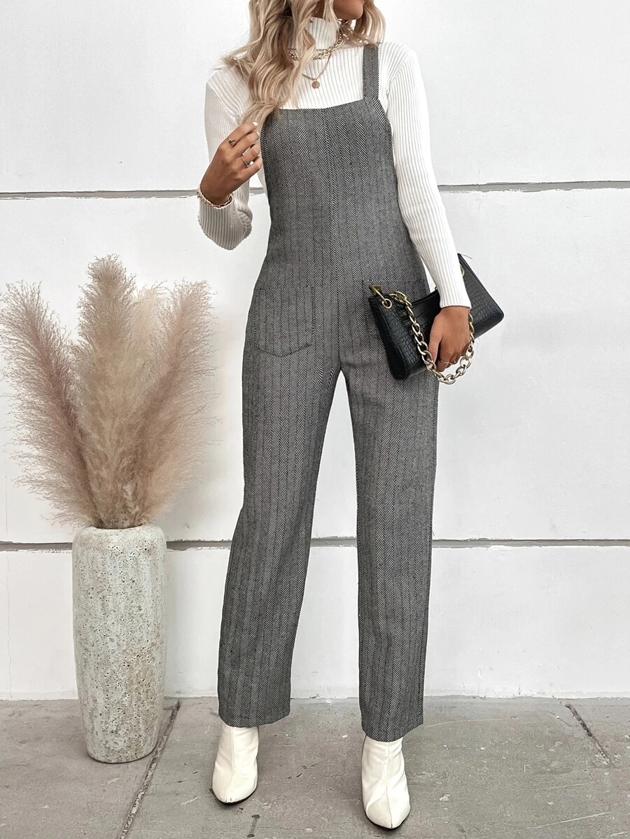 Herringbone Pocket Patched Overall Jumpsuit Without Tee - Grey - View 1