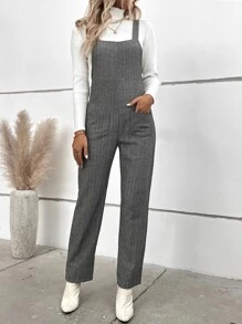Herringbone Pocket Patched Overall Jumpsuit Without Tee - Grey - View 4