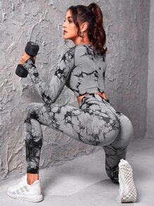 Easithlete Tie Dye Raglan Sleeve Sports Tee & Leggings - Dark Grey - View 1