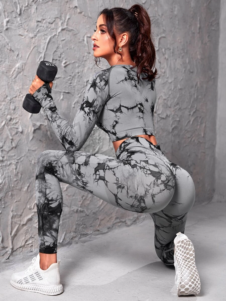 Easithlete Tie Dye Raglan Sleeve Sports Tee & Leggings - Dark Grey - View 1