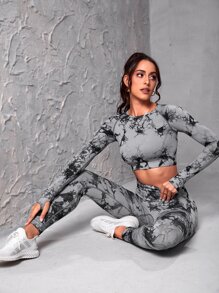 Easithlete Tie Dye Raglan Sleeve Sports Tee & Leggings - Dark Grey - View 5