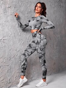 Easithlete Tie Dye Raglan Sleeve Sports Tee & Leggings - Dark Grey - View 2