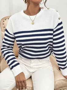 SHEIN Frenchy Áo len họa tiết sọc có nút, áo dài tay - Xanh và trắng - Xem 1