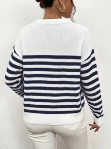 SHEIN Frenchy Áo len họa tiết sọc có nút, áo dài tay - Xanh và trắng - Xem 2