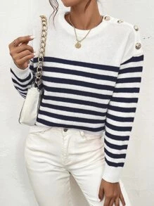 SHEIN Frenchy Áo len họa tiết sọc có nút, áo dài tay - Xanh và trắng - Xem 3