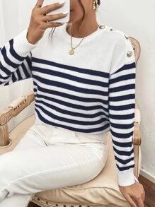 SHEIN Frenchy Áo len họa tiết sọc có nút, áo dài tay - Xanh và trắng - Xem 4
