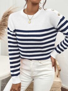 SHEIN Frenchy Áo len họa tiết sọc có nút, áo dài tay - Xanh và trắng - Xem 5