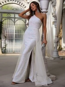 One Shoulder Split Thigh Sequin Prom Dress - White - View 5