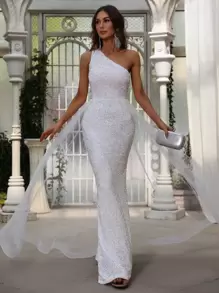 One Shoulder Split Thigh Sequin Prom Dress - White - View 6