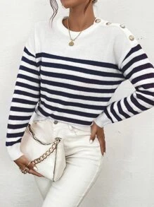 SHEIN Frenchy Áo len họa tiết sọc có nút, áo dài tay - Xanh và trắng - Xem 6