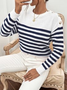 SHEIN Frenchy Áo len họa tiết sọc có nút, áo dài tay - Xanh và trắng - Xem 7