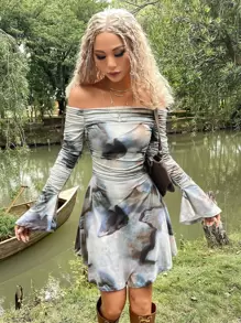 ROMWE PUNK Grunge Tie Dye Off Shoulder Flounce Sleeve Ruched Dress