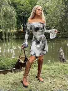 ROMWE PUNK Grunge Tie Dye Off Shoulder Flounce Sleeve Ruched Dress