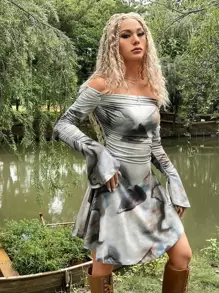 ROMWE PUNK Grunge Tie Dye Off Shoulder Flounce Sleeve Ruched Dress