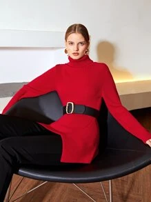 MOTF PREMIUM WOOL-MIX TURTLENECK ASYMMETRICAL Jumper WITHOUT BELT - Red - View 2