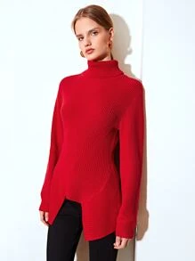 MOTF PREMIUM WOOL-MIX TURTLENECK ASYMMETRICAL Jumper WITHOUT BELT - Red - View 4