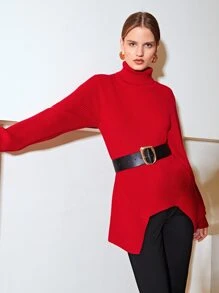 MOTF PREMIUM WOOL-MIX TURTLENECK ASYMMETRICAL Jumper WITHOUT BELT - Red - View 5