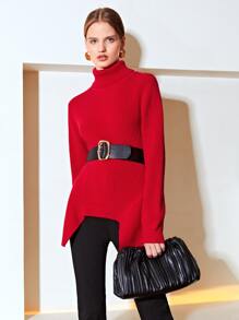 MOTF PREMIUM WOOL-MIX TURTLENECK ASYMMETRICAL Jumper WITHOUT BELT - Red - View 7