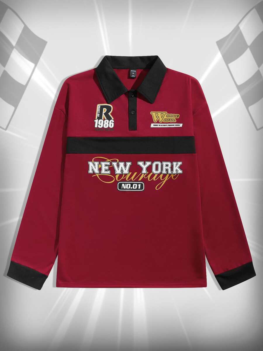 ROMWE MEN Guys Letter Graphic Polo Shirt - Red - View 1