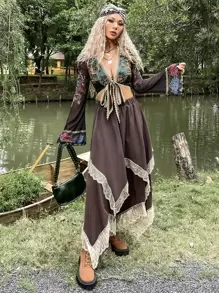 ROMWE PUNK 花卉圖案和人像圖案鏤空蕾絲花邊前繫帶網紗上衣 - 彩色 - 查看 4