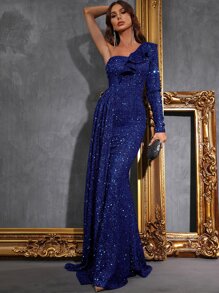 Elegant Asymmetrical Shoulder Evening Gown With Long Sleeves & Ruffle-Adorned Neckline | Flowing Side-Sweep Tulle Drapery & Floor-Length Mermaid Silhouette | Formal Dresses For Gala Dinners, Red Carpet Events, Black-Tie Weddings, Award Ceremonies, Charity Galas