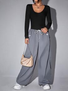 SHEIN EZwear 素色深V領T恤連體衣 - 黑色 - 查看 3