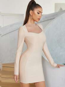Sweetheart Neck Bodycon Dress - Apricot - View 4