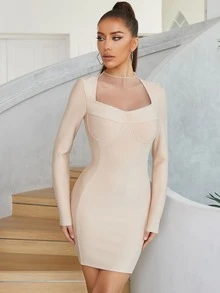 Sweetheart Neck Bodycon Dress - Apricot - View 5