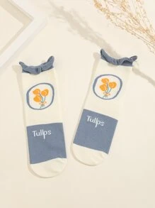 Calcetines de tripulación con estampado floral con letra - Multicolor - Ver 2