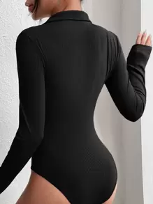 SHEIN EZwear 春季黑色 Y2k 半拉链罗纹针织连体衣