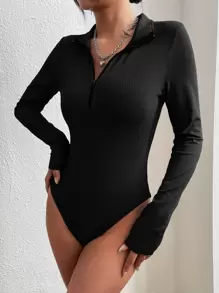 SHEIN EZwear 春季黑色 Y2k 半拉链罗纹针织连体衣