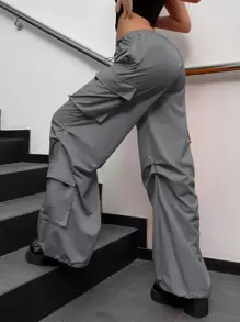 Quần nữ Dây kéo Túi màu trơn Giải trí - Xám - Xem 1