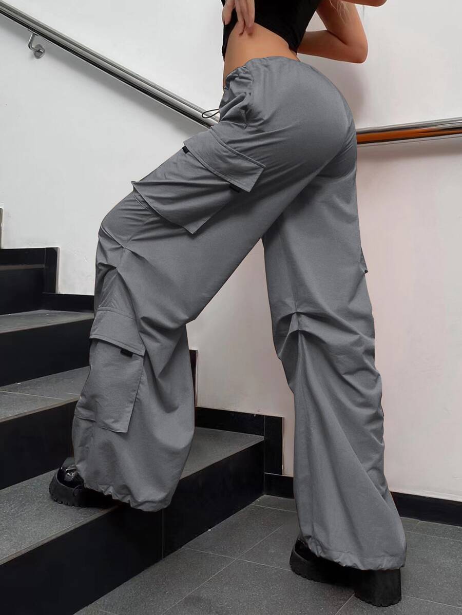 Quần nữ Dây kéo Túi màu trơn Giải trí - Xám - Xem 1