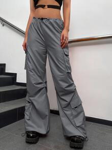 Quần nữ Dây kéo Túi màu trơn Giải trí - Xám - Xem 2