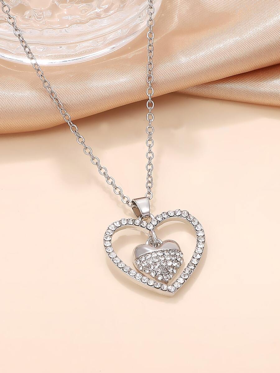 Rhinestone Heart Charm Necklace - Silver - View 1