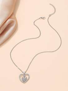 Rhinestone Heart Charm Necklace - Silver - View 2